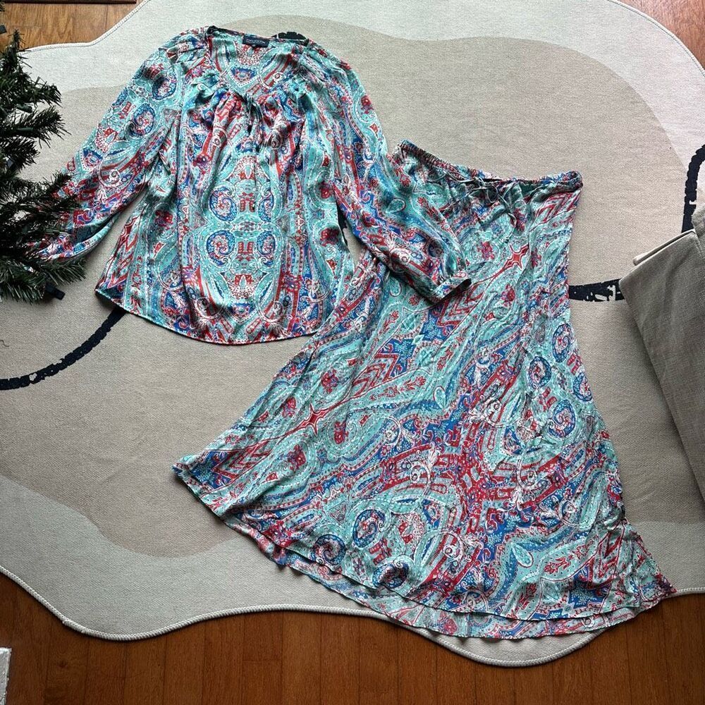 Jones New York Signature Boho Paisley‎ Blouse & Maxi Skirt Set Sz X1 & 16
